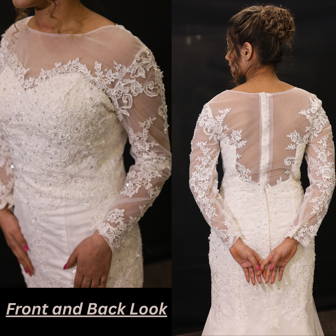 Modest Christian wedding gown with sheer long sleeves, embroidered lace, and a sophisticated mermaid fit