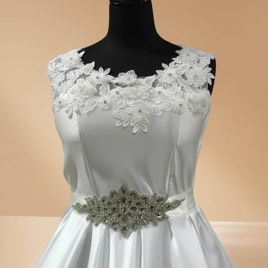 Close-up of lace and fabric detail on White Ball Gown Satin — GownLink GLHMST21