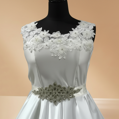 Close-up of lace and fabric detail on White Ball Gown Satin — GownLink GLHMST21