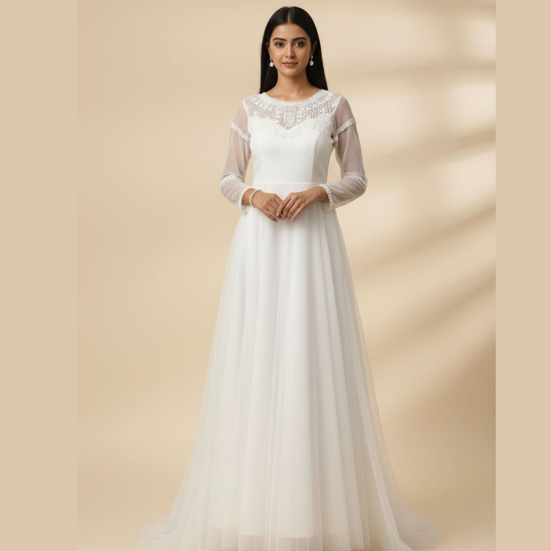 Front view of White Bridal Gown Satin with Train on model against studio backdrop — GownLink GLHMST18