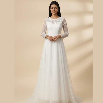 Front view of White Bridal Gown Satin with Train on model against studio backdrop — GownLink GLHMST18