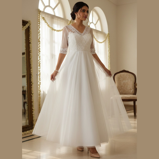 Lace V-neck A-line wedding gown GLWL801 for Christian & Catholic brides across Kerala, Goa, Mangalore, Tamil Nadu & North-East India, plus NRI brides in USA, UK & Gulf