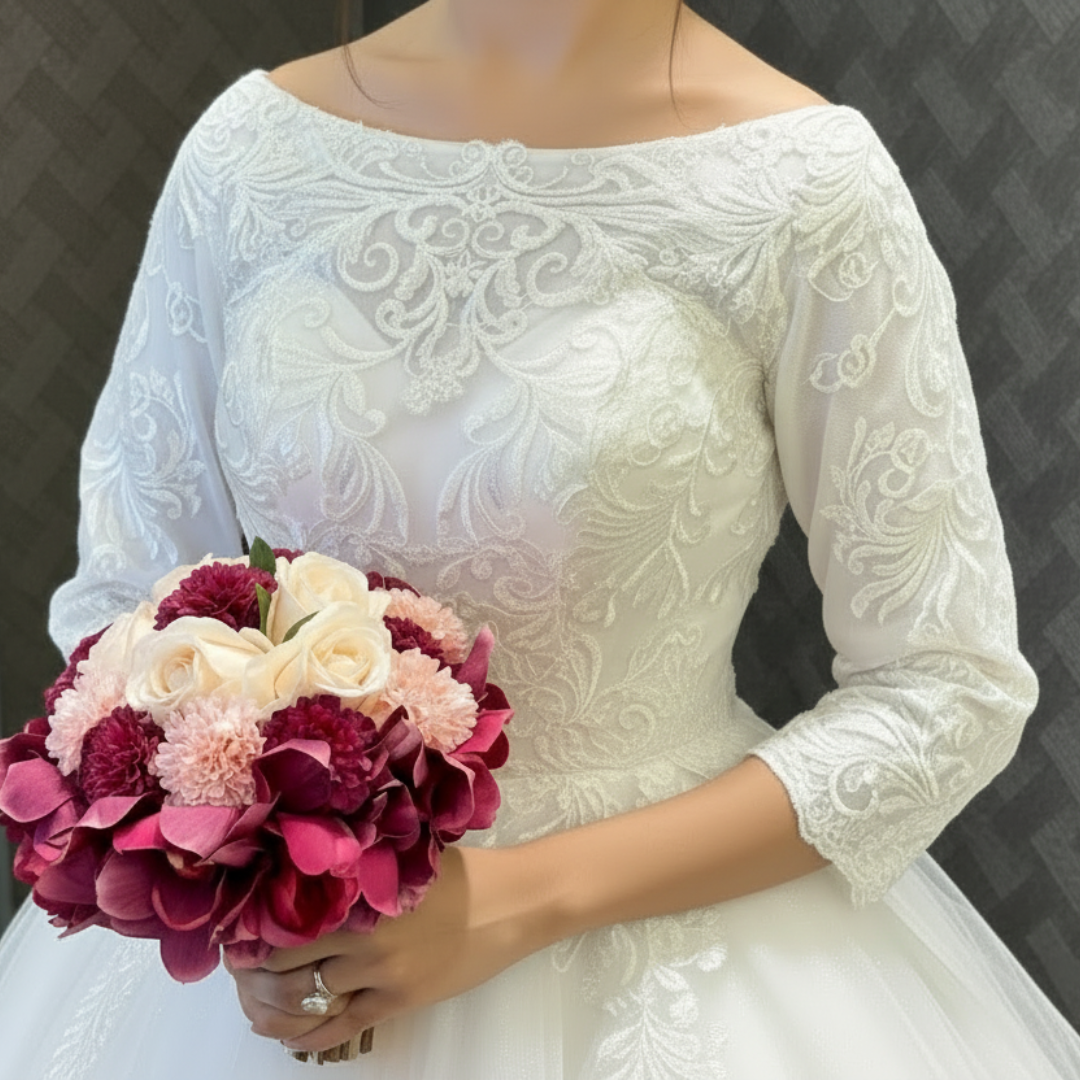 GownLink modest white bridal dress designed with elegant lace embroidery and a timeless ball gown style