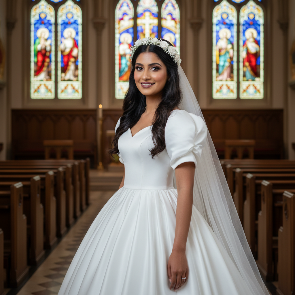 Back view of White Ball Gown Satin showing train and closure detail — GownLink GLHMSB3