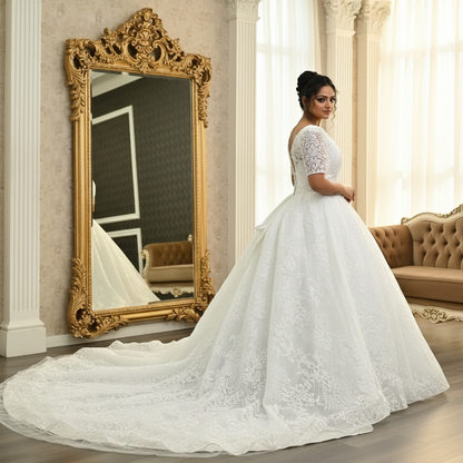 Detail of neckline and bodice on White Bridal Gown Sparkle with Train — GownLink GLGT166T