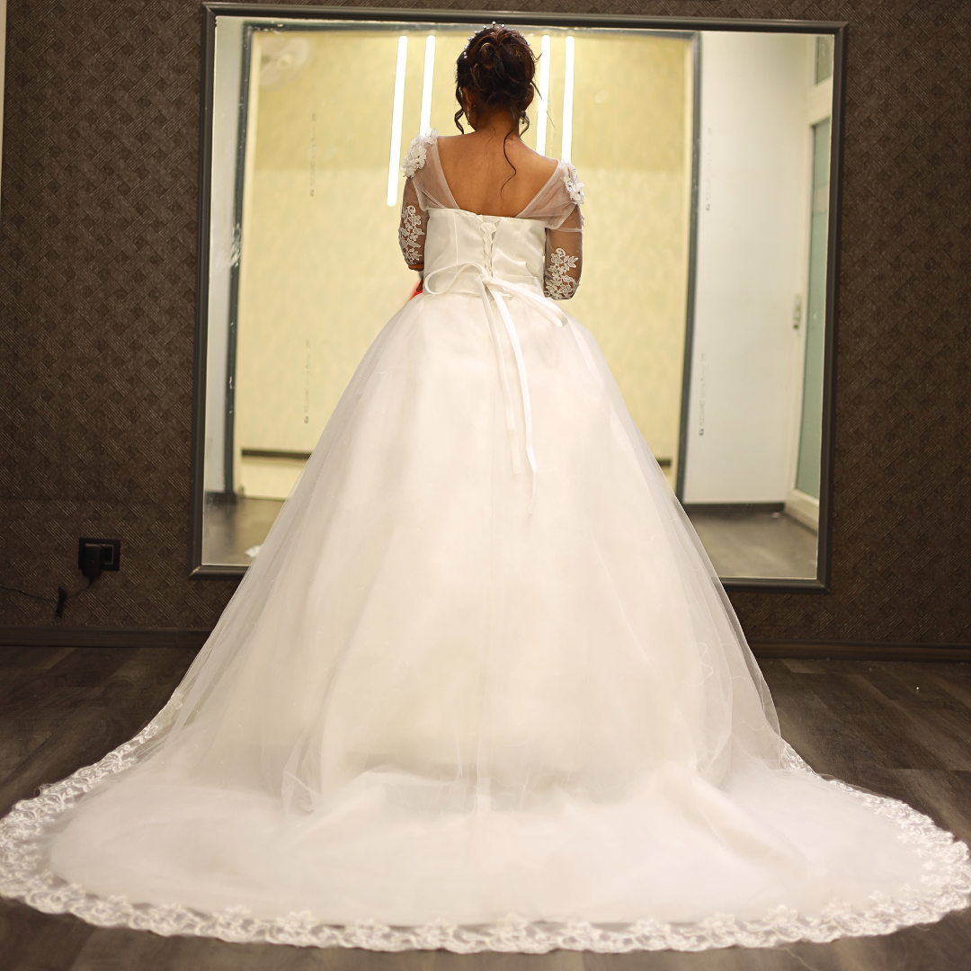 Back view of Bridal Gown with Train showing train and closure detail — GownLink GLYCX01T