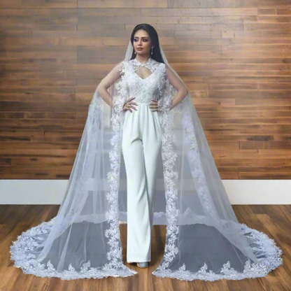 Elegant white cathedral bridal veil cape with floral lace border by GownLink for wedding dresses.