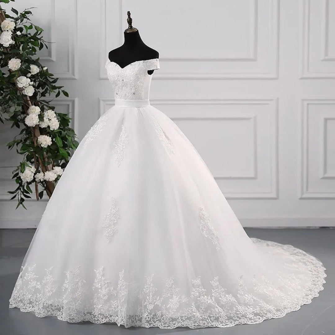 GownLink off-shoulder Christian wedding ball gown with elegant lace embroidery and long train