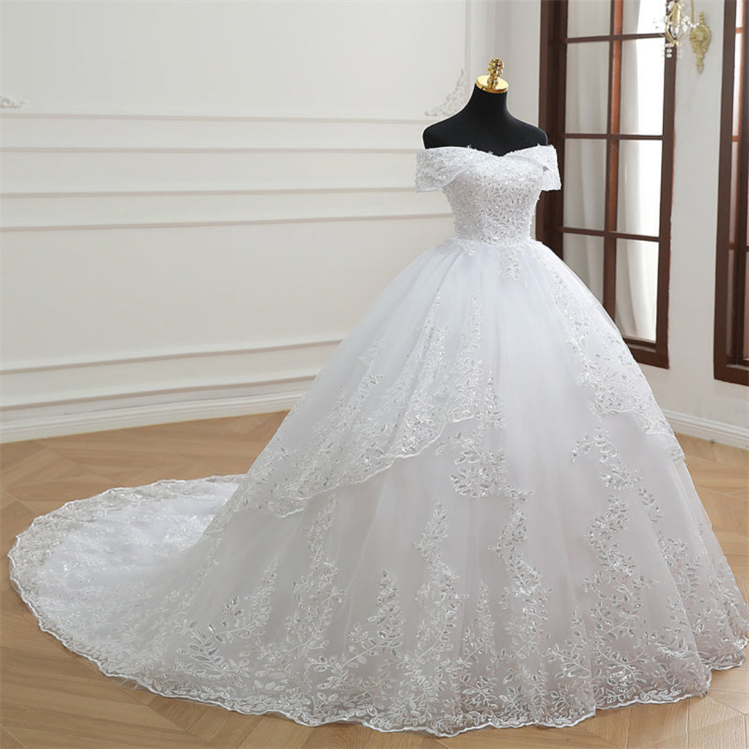 GownLink off-shoulder Christian wedding ball gown with elegant floral lace and cathedral train