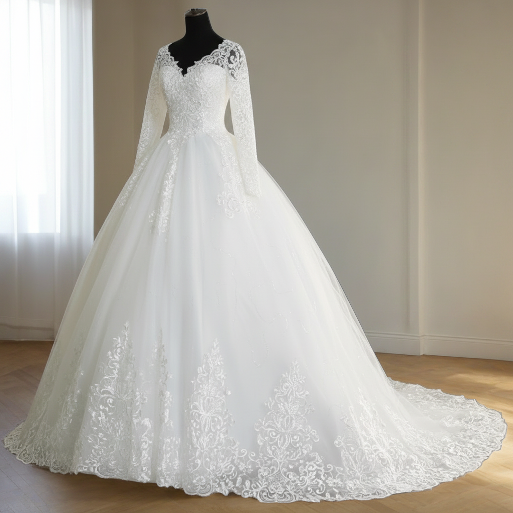 White Christian bridal gown by GownLink featuring an off-shoulder lace neckline, long sleeves, and a classic ball gown silhouette