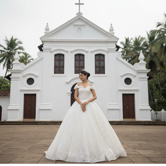 Off-shoulder princess ball gown GLGF108-B for Christian & Catholic brides across Kerala, Goa, Mangalore, Tamil Nadu & North-East India, plus NRI brides in USA, UK & Gulf