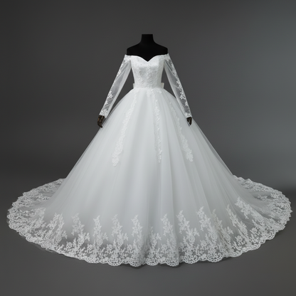 Front view of White Princess with Off-Shoulder on model against studio backdrop — GownLink GLGF071SL