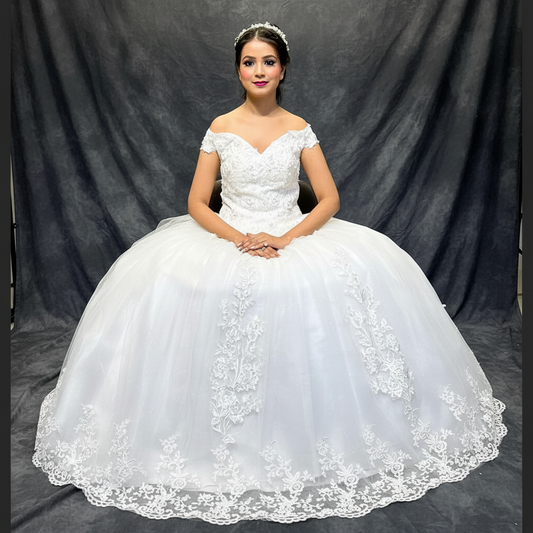 Off shoulder wedding ball gown GLGF071B for Christian & Catholic brides across Kerala, Goa, Mangalore, Tamil Nadu & North-East India, plus NRI brides in USA, UK & Gulf