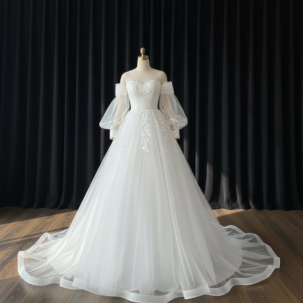 Bridal wedding gown with long train GLHS14T for Christian & Catholic brides across Kerala, Goa, Mangalore, Tamil Nadu & North-East India, plus NRI brides in USA, UK & Gulf