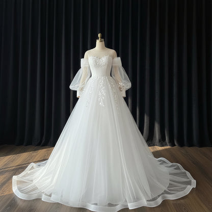 Bridal wedding gown with long train GLHS14T for Christian & Catholic brides across Kerala, Goa, Mangalore, Tamil Nadu & North-East India, plus NRI brides in USA, UK & Gulf