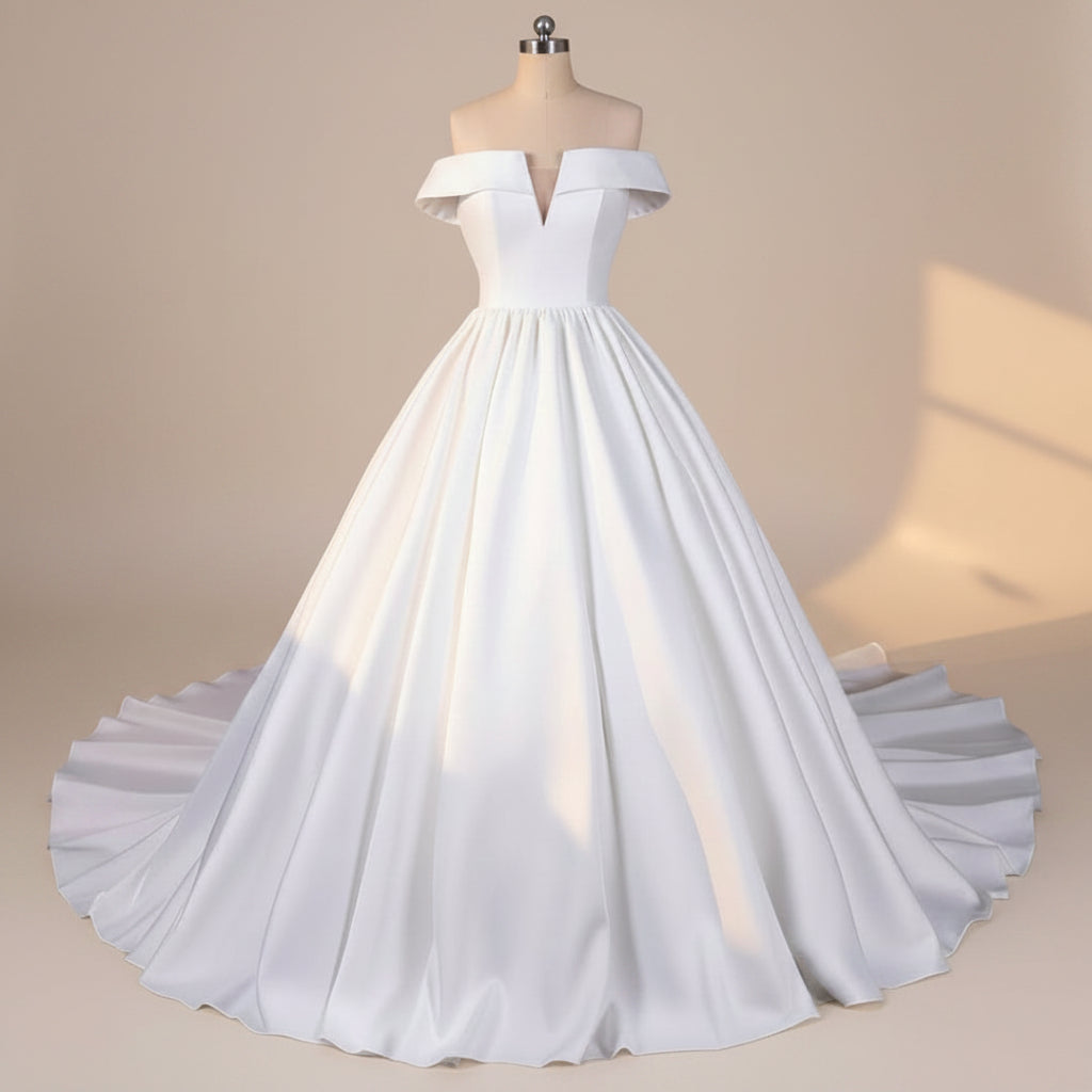 Front view of White Bridal Gown Satin with Train on model against studio backdrop — GownLink GLHMST04