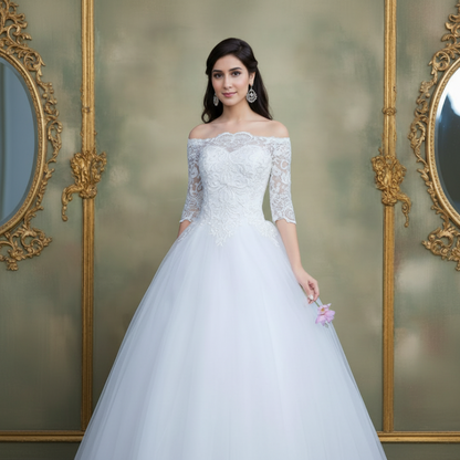 Side profile view of White Princess with Off Shoulder showing silhouette — GownLink GLQD09