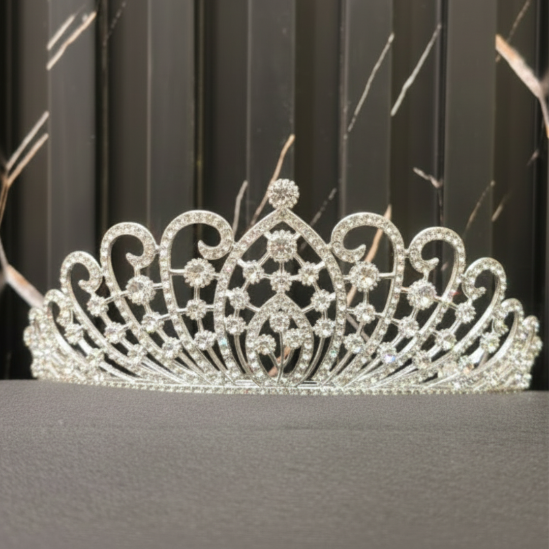 Model wearing Pearl Bridal Crown with veil and gown — GownLink GOWNLINK