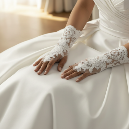 Back view of Pearl Bridal Gloves showing full length — GownLink BEADS