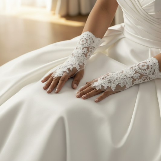 Back view of Pearl Bridal Gloves showing full length — GownLink BEADS
