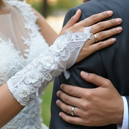 Back view of Pearl Bridal Gloves showing full length — GownLink G110