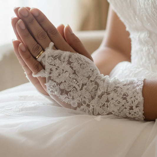 Back view of Pearl Bridal Gloves showing full length — GownLink G112