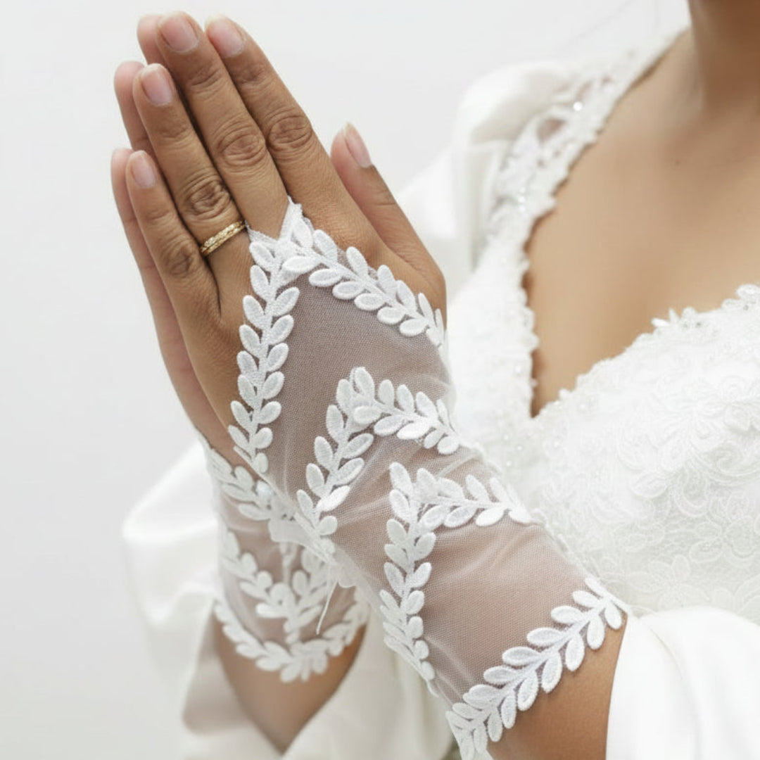 Back view of Pearl Bridal Gloves showing full length — GownLink G19