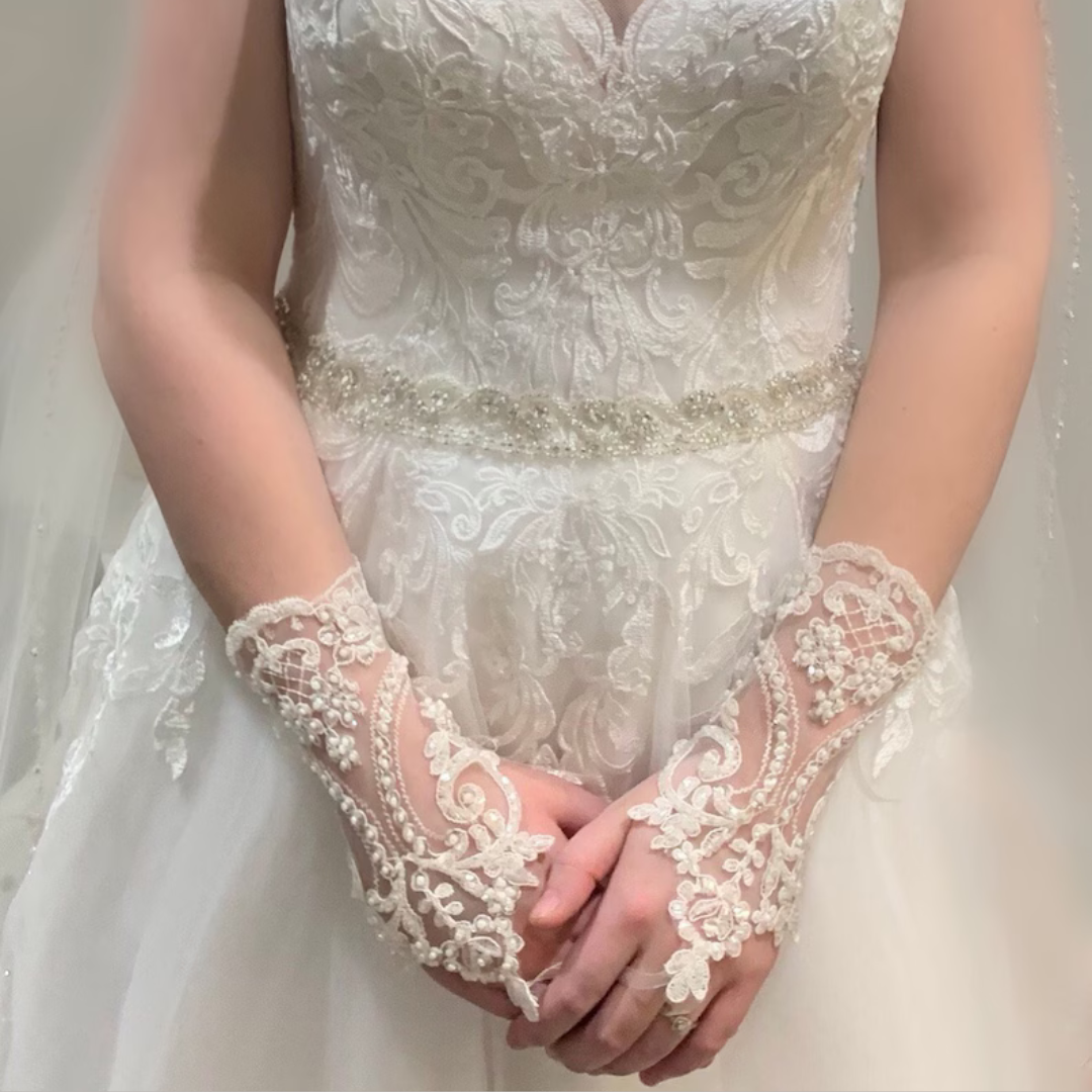 Back view of Pearl Bridal Gloves showing full length — GownLink G2