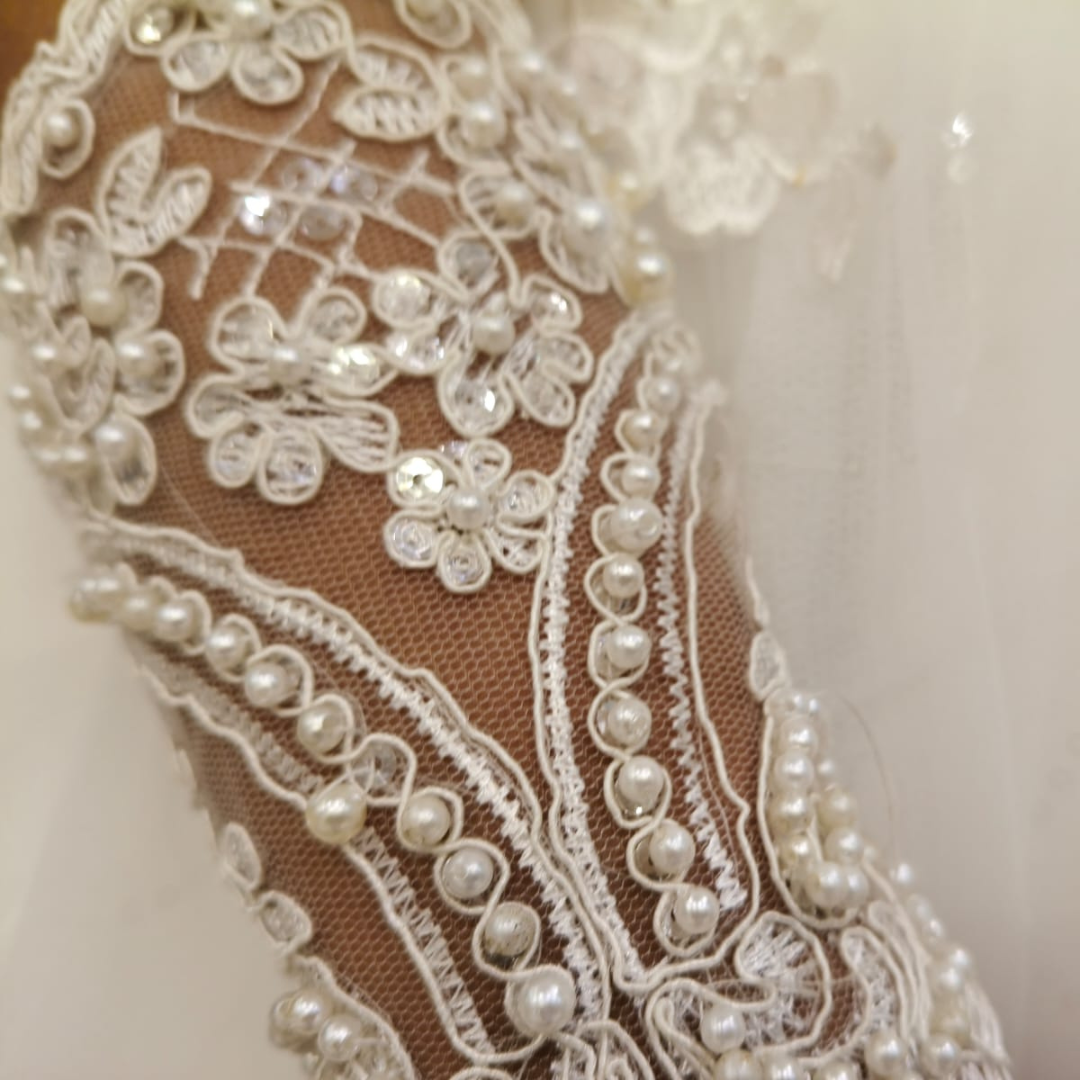 Back view of Pearl Bridal Gloves showing full length — GownLink G2