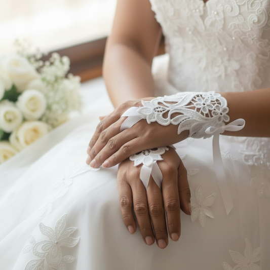 Back view of Pearl Bridal Gloves showing full length — GownLink G21