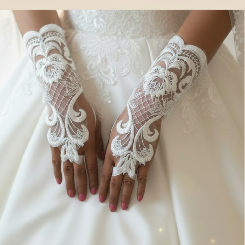 Back view of Pearl Bridal Gloves showing full length — GownLink G27S