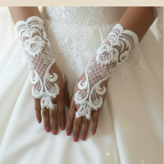Back view of Pearl Bridal Gloves showing full length — GownLink G27S
