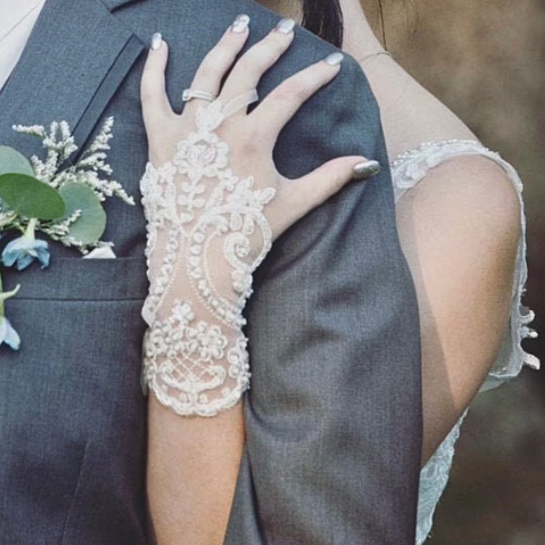 Pair of Pearl Bridal Gloves laid flat — GownLink G2