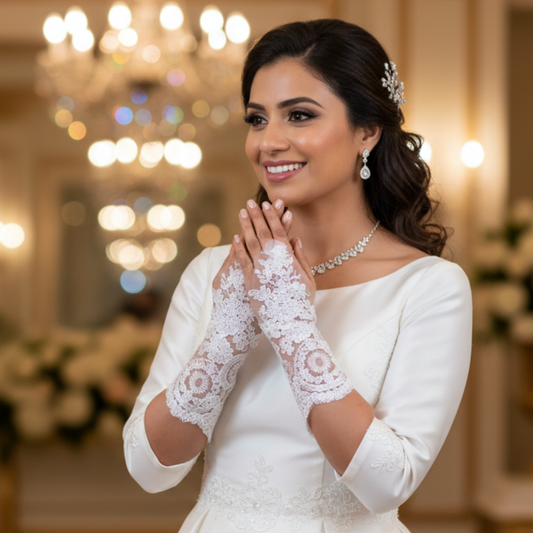 Front view of Pearl Bridal Gloves on hands — GownLink BEADS