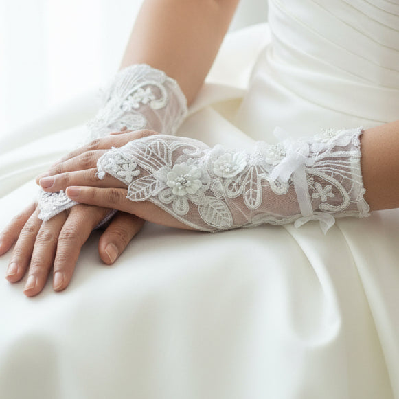 Front view of Pearl Bridal Gloves on hands — GownLink G110