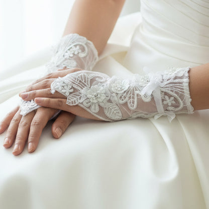 Front view of Pearl Bridal Gloves on hands — GownLink G110