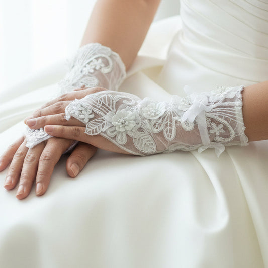 Front view of Pearl Bridal Gloves on hands — GownLink G110
