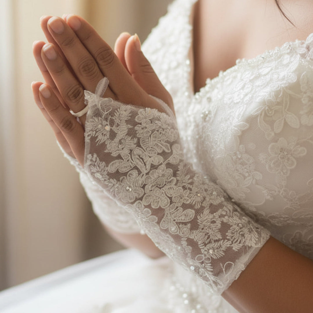Front view of Pearl Bridal Gloves on hands — GownLink G112