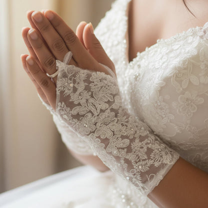 Front view of Pearl Bridal Gloves on hands — GownLink G112