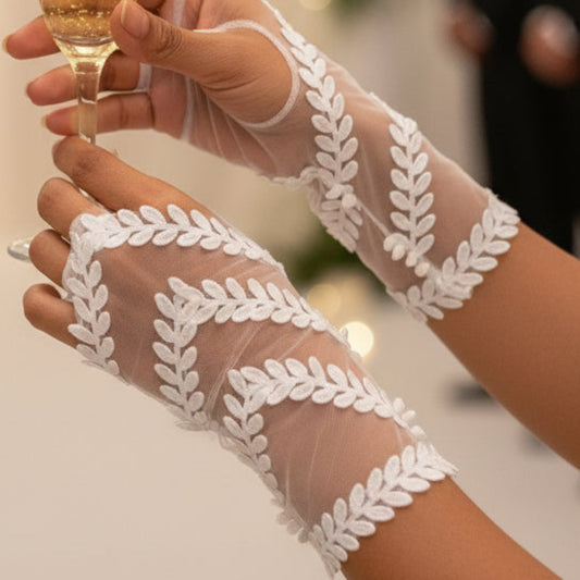 Front view of Pearl Bridal Gloves on hands — GownLink G19