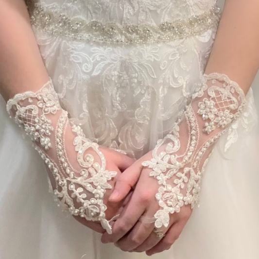 Front view of Pearl Bridal Gloves on hands — GownLink G2