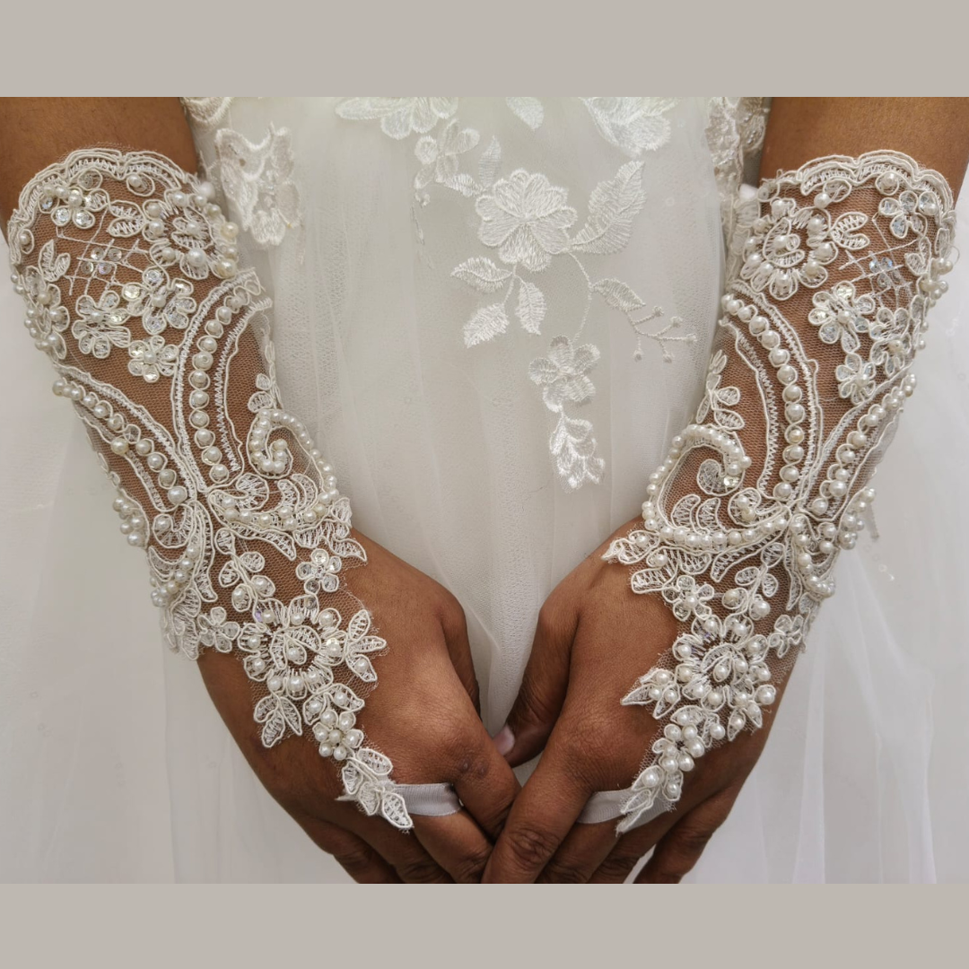 Front view of Pearl Bridal Gloves on hands — GownLink G2