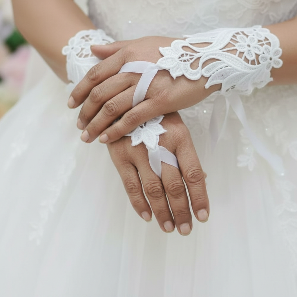 Front view of Pearl Bridal Gloves on hands — GownLink G21