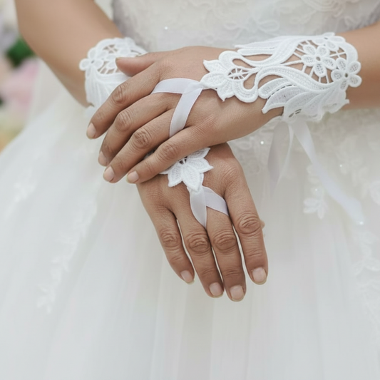Front view of Pearl Bridal Gloves on hands — GownLink G21