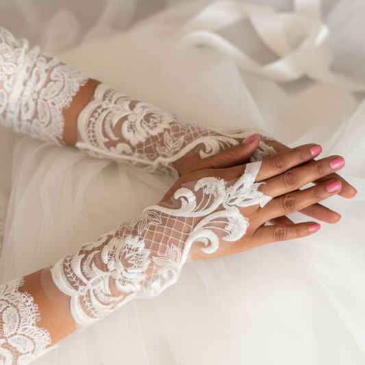 Front view of Pearl Bridal Gloves on hands — GownLink G27S