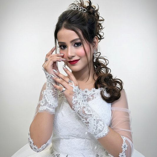 Front view of Pearl Bridal Gloves on hands — GownLink G29