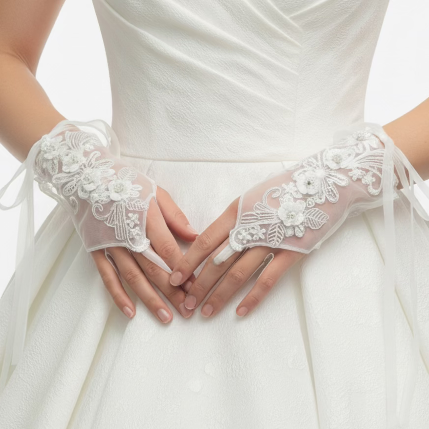 Detail of lace or mesh fabric on Pearl Bridal Gloves — GownLink G110