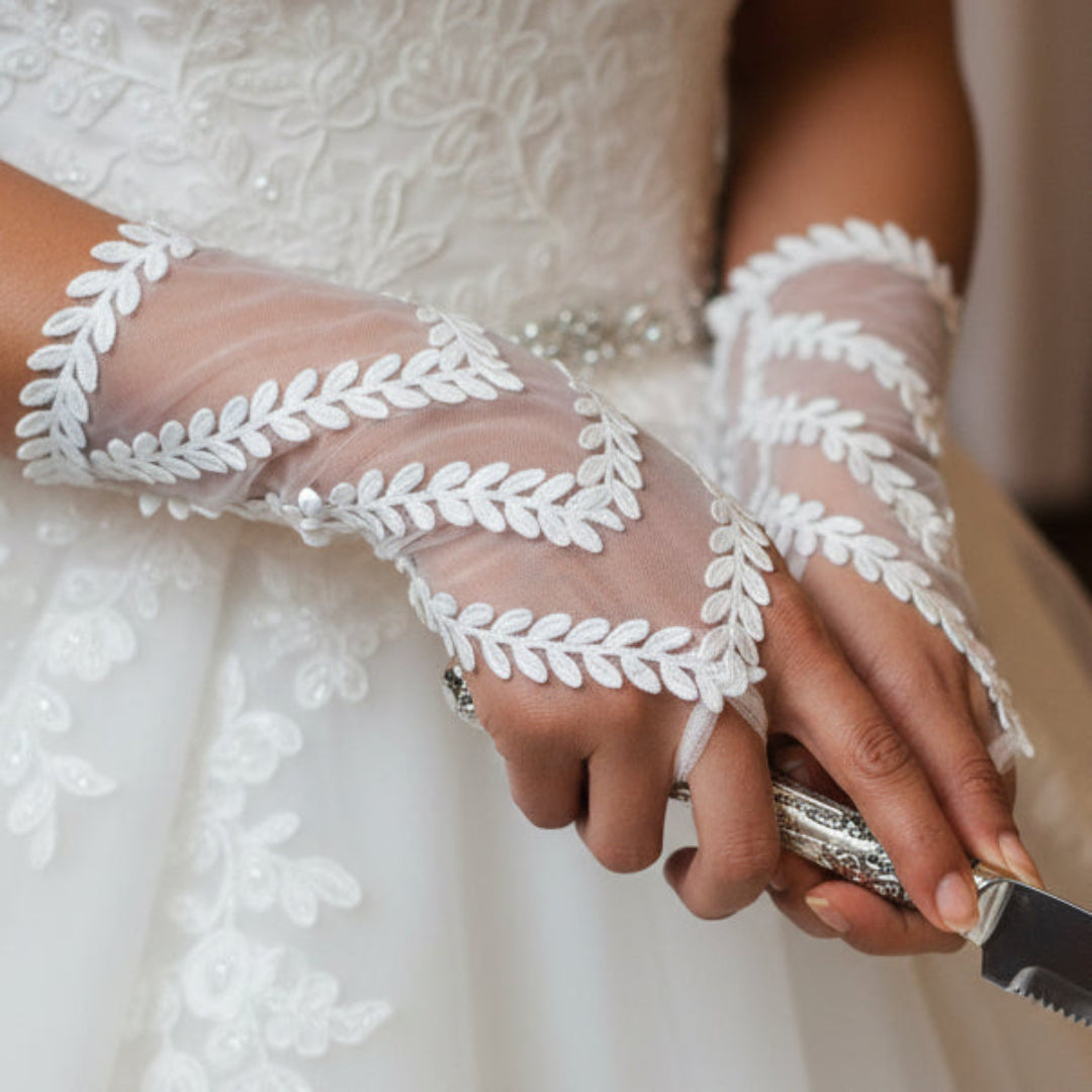 Detail of lace or mesh fabric on Pearl Bridal Gloves — GownLink G19