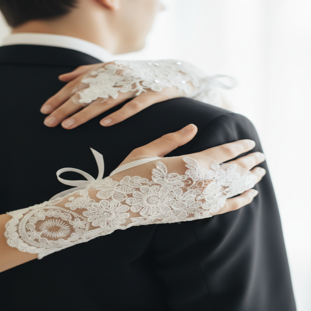 Close-up of pearl or crystal detail on Pearl Bridal Gloves — GownLink BEADS