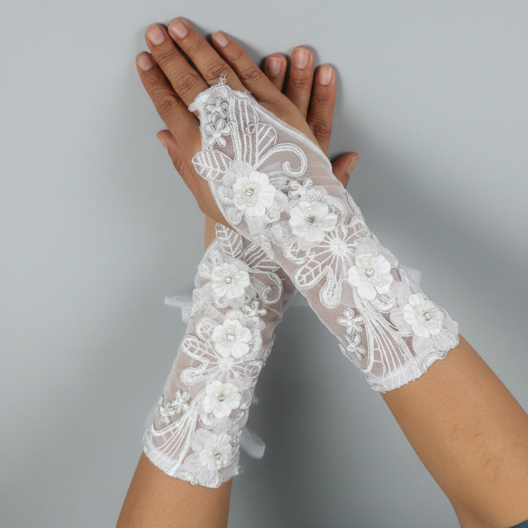 Close-up of pearl or crystal detail on Pearl Bridal Gloves — GownLink G110